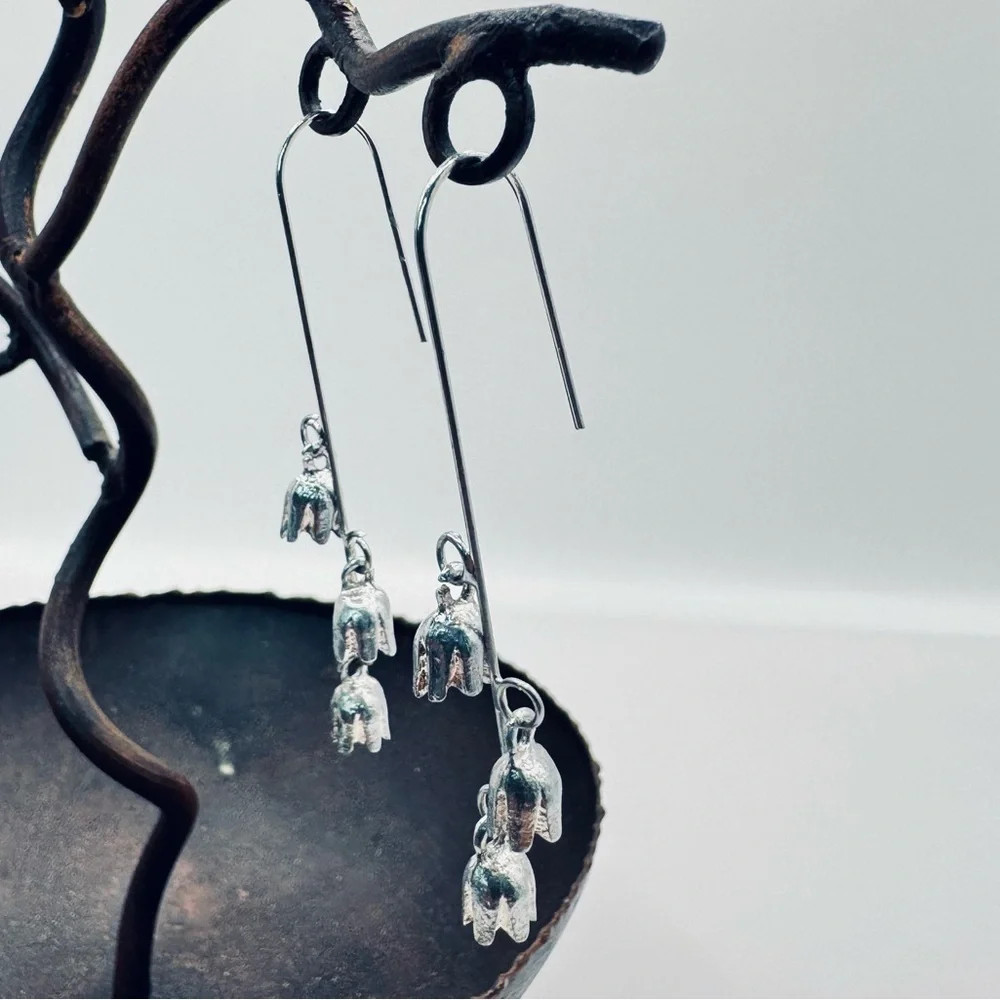 Silver Lily of the Valley Dangling Floral Drop Earrings Botanical Jewelry